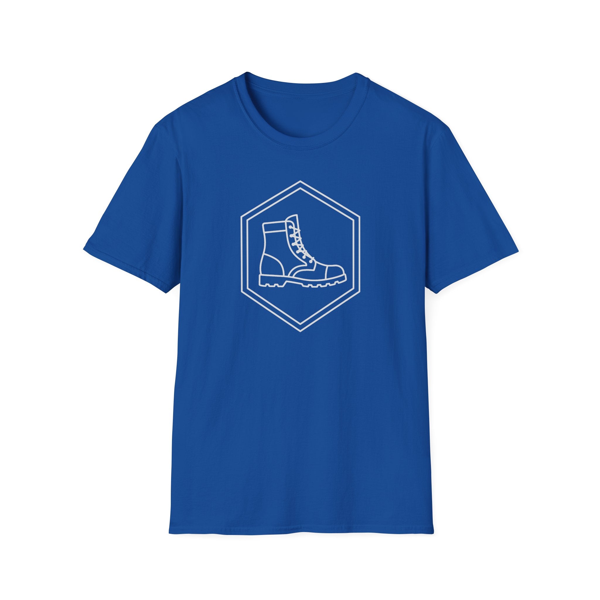 Royal blue T-shirt with a diamond emblem and boot illustration on the front.