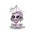 Kiss-cut sticker: cute pink spider with bow, holding a heart, 'TIED UP TONIGHT'