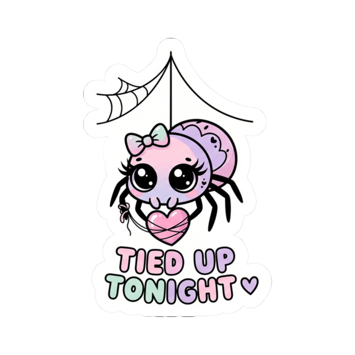 Kiss-cut sticker: cute pink spider with bow, holding a heart, 'TIED UP TONIGHT'