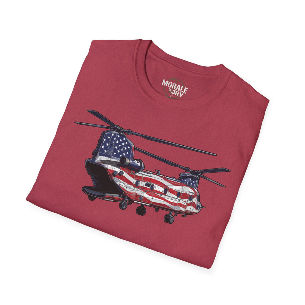Burgundy CH-47 Chinook helicopter graphic T-shirt with American flag theme, front