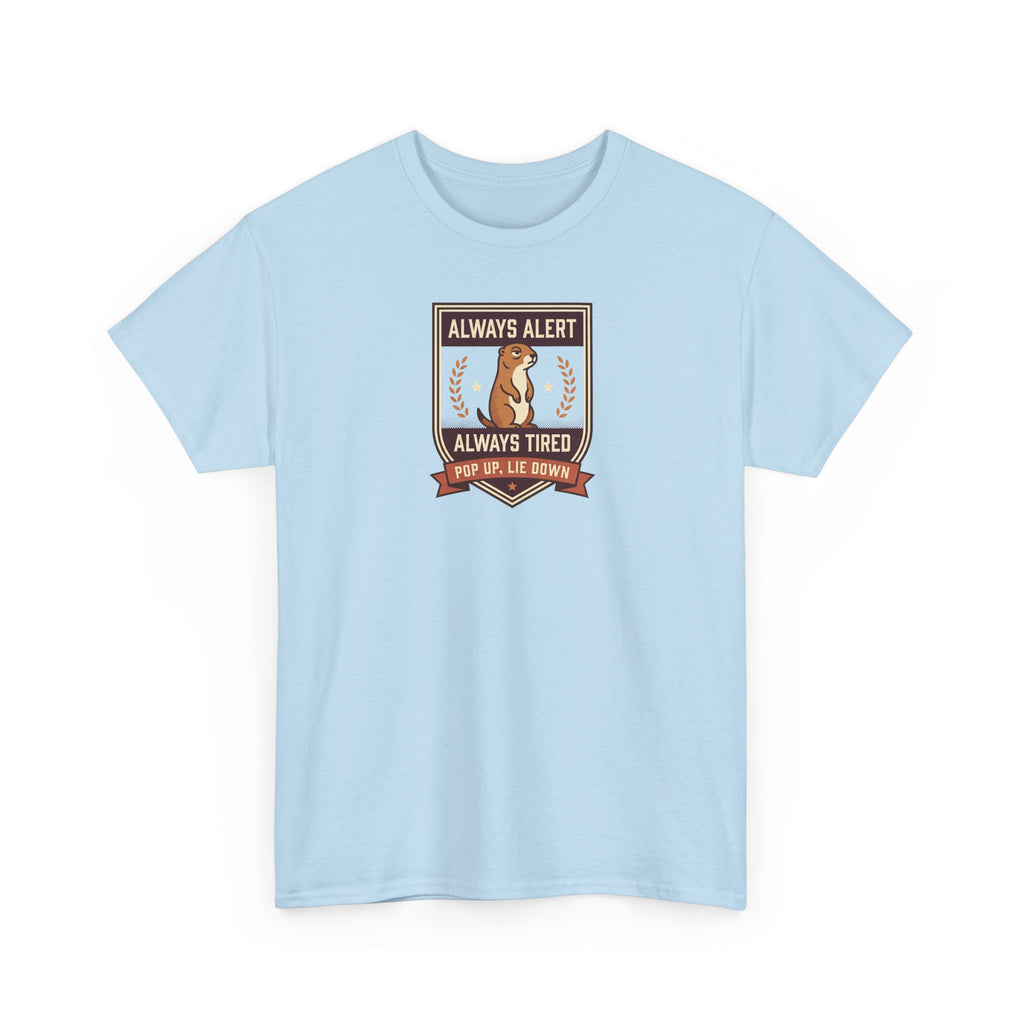 Light blue short-sleeve T-shirt with badge graphic on chest