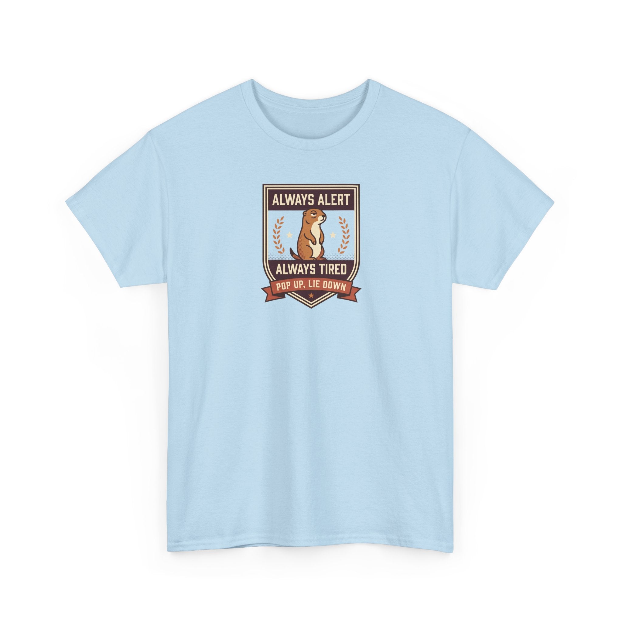 Light blue short-sleeve T-shirt with badge graphic on chest