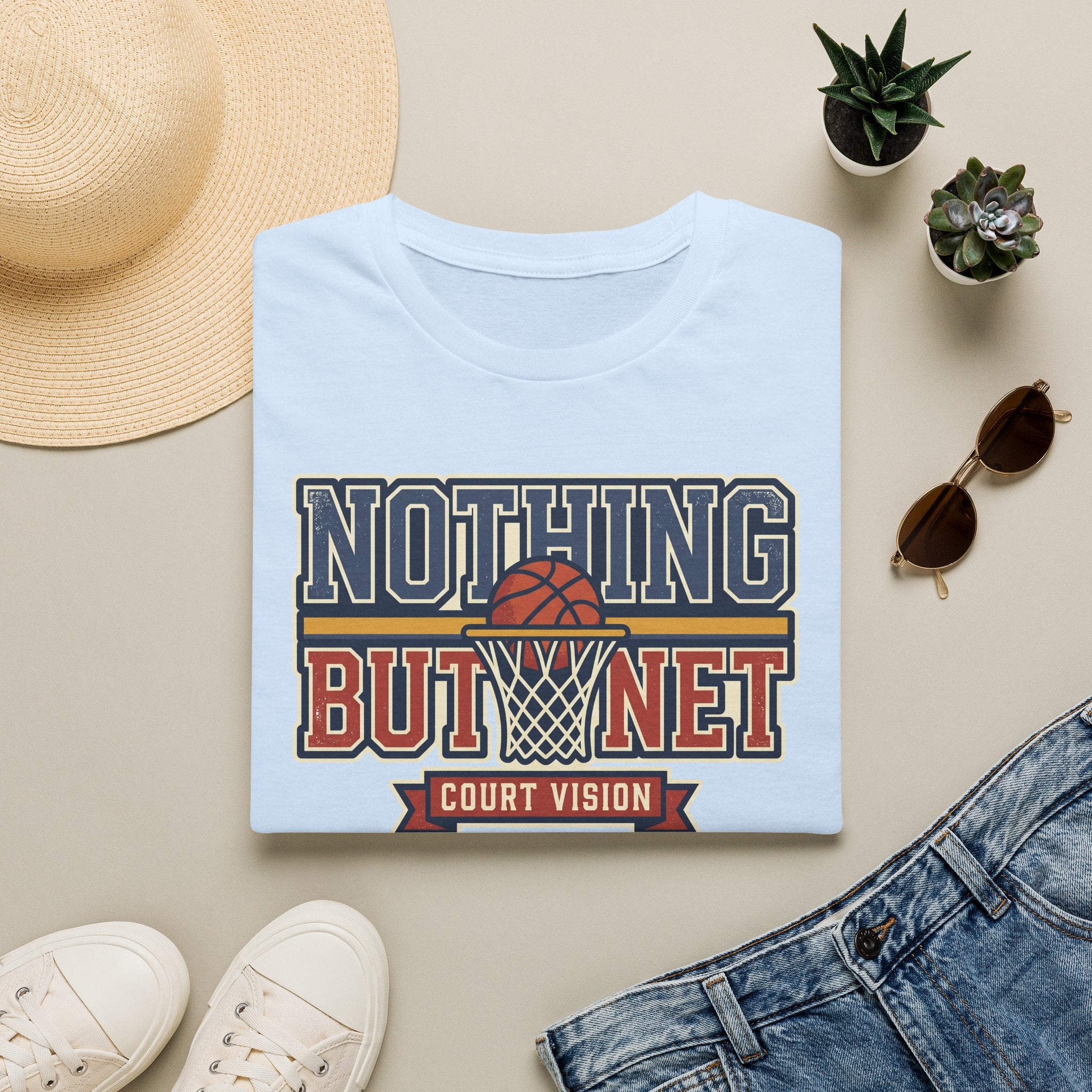 Light blue basketball T-shirt with “Nothing But Net” court vision graphic on front.