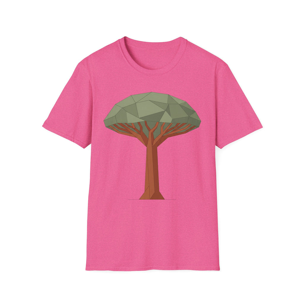 Pinkfarbene T‑Shirt mit geometrischem Drachenblutbaum-Grafikmotiv auf der Brust