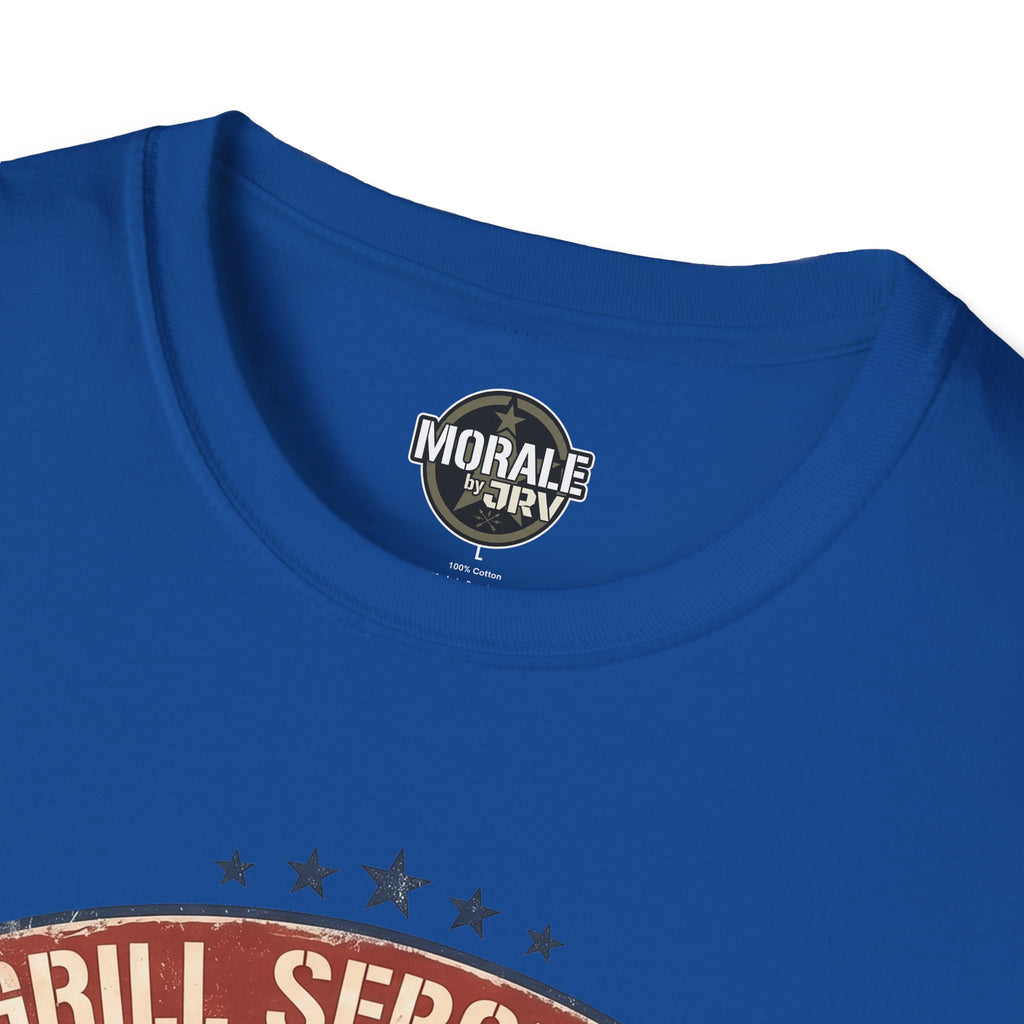 Royal blue t-shirt neckline with circular "Morale by Driv" logo and printed stars