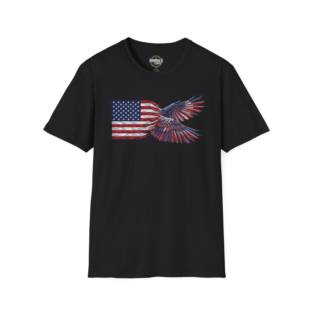 Patriotic eagle flag graphic T-shirt, black tee with red-white-blue eagle