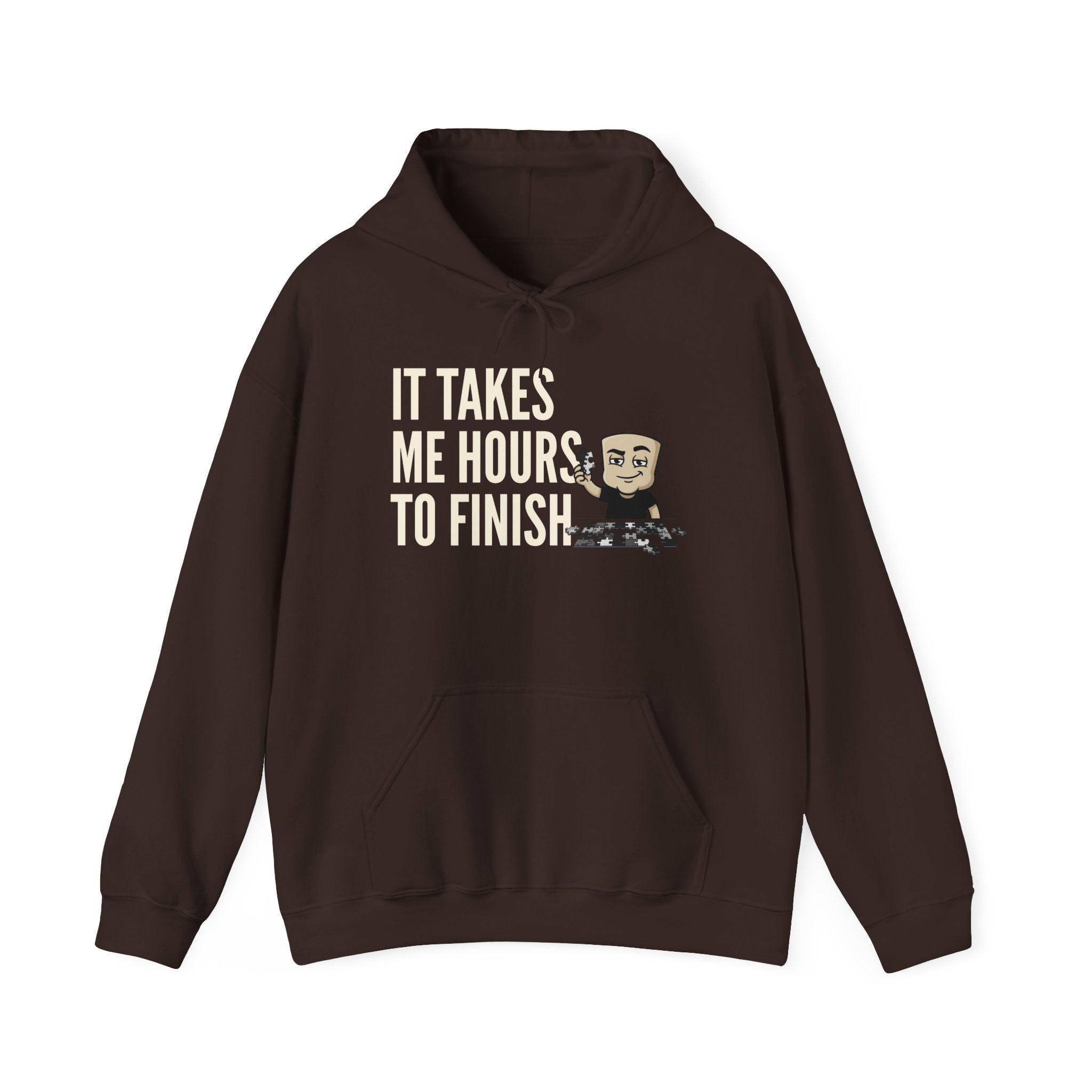 Dark brown hoodie with “IT TAKES ME HOURS TO FINISH” chess graphic