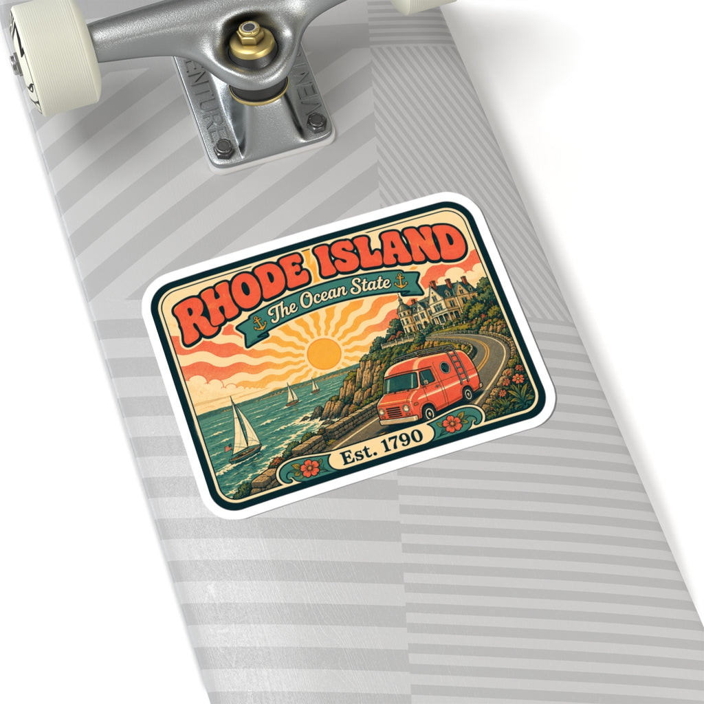 Rhode Island kiss-cut sticker on a notebook; ocean sunset with sailboat and red van, Est. 1790