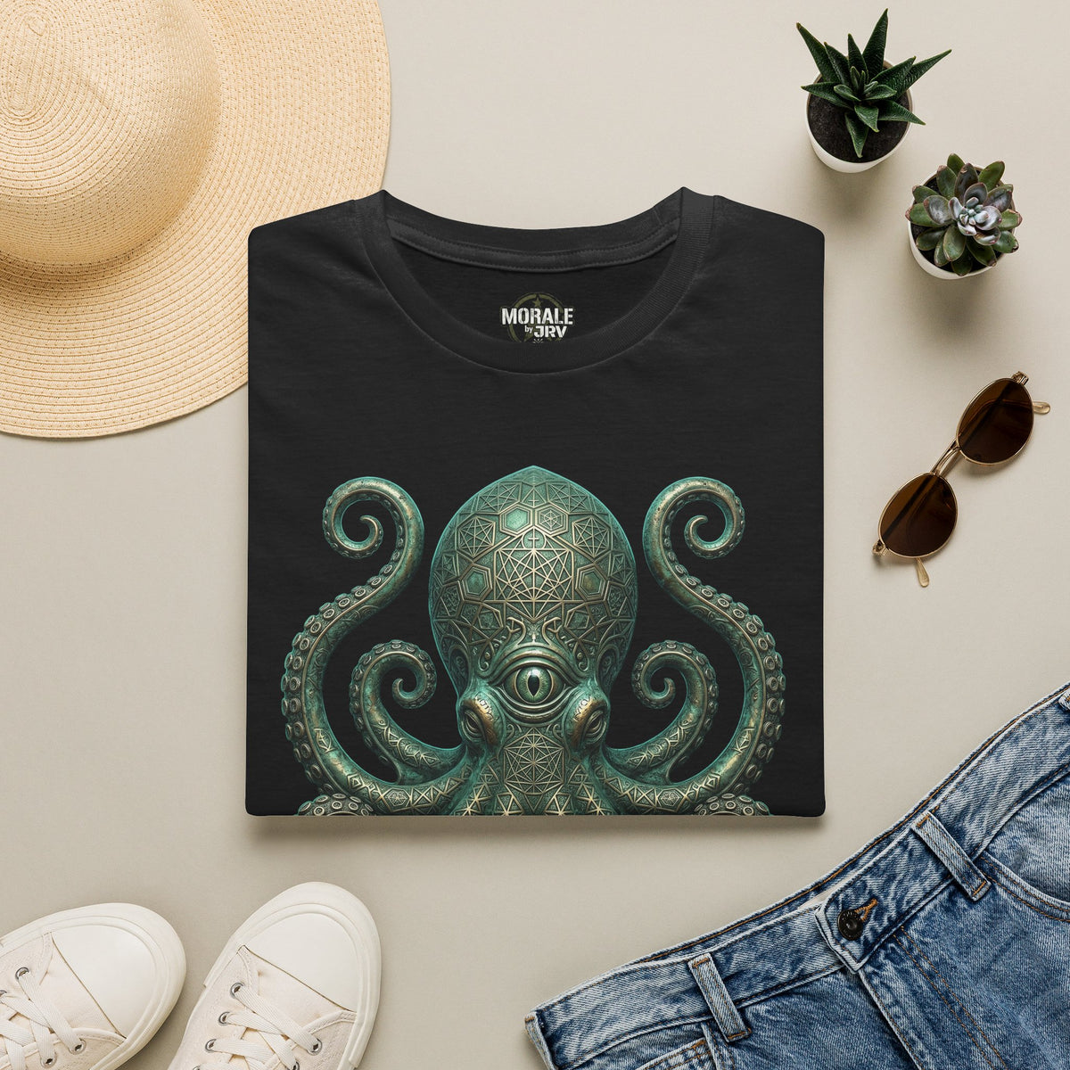 Black t-shirt with teal-green kraken octopus graphic on front