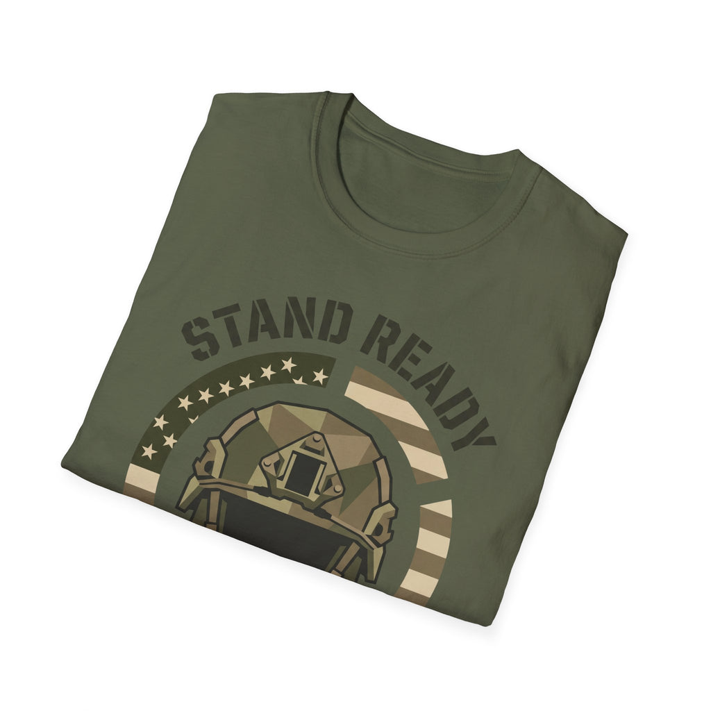 Military green crew-neck T-shirt with full “STAND READY” helmet graphic on front