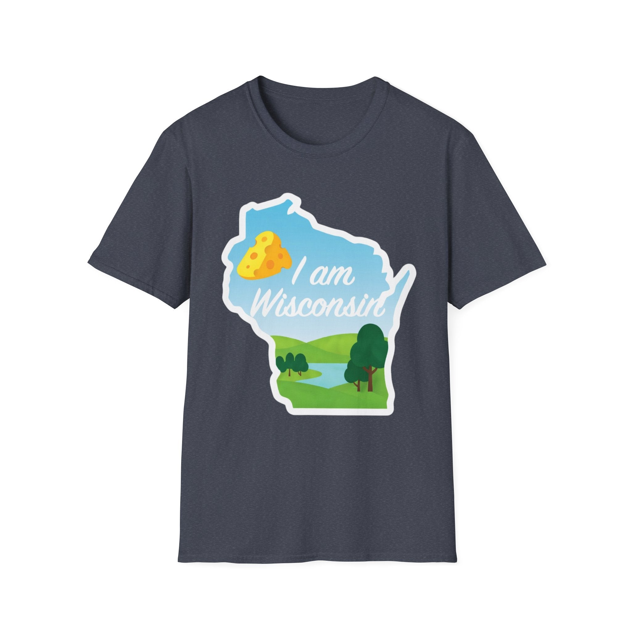 Heather navy T-shirt with Wisconsin outline graphic, cheese & landscape, “I am Wisconsin”