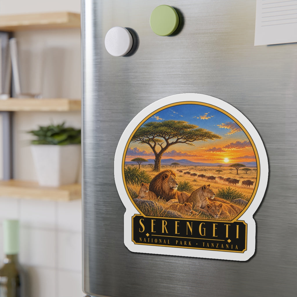 Serengeti die-cut vinyl fridge magnet featuring lions, acacia tree, and sunset sky