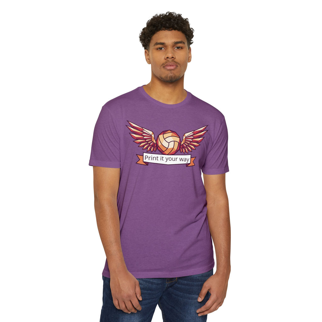 Unisex volleyball T-shirt in purple with winged volleyball graphic on chest.