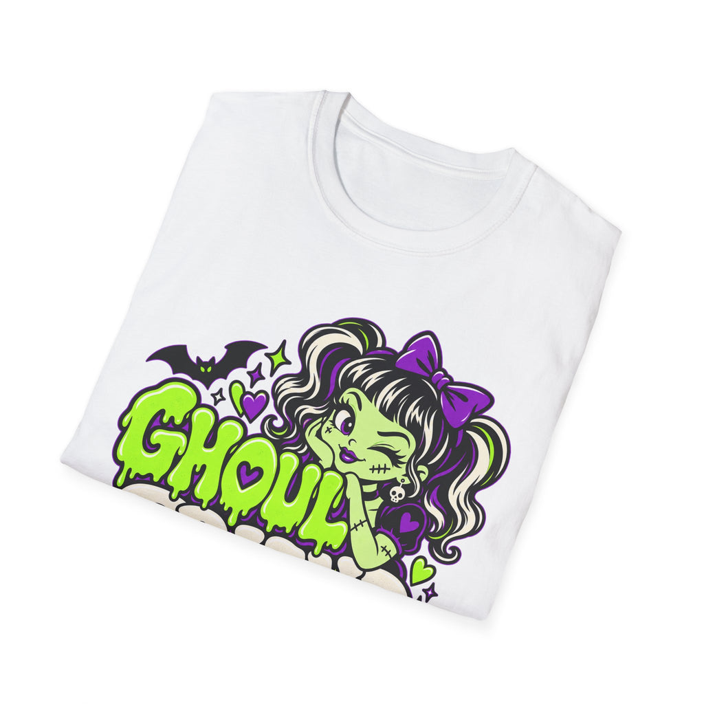 White T-shirt with cartoon ghoul graphic, “Ghoul” lettering, and purple bat accents