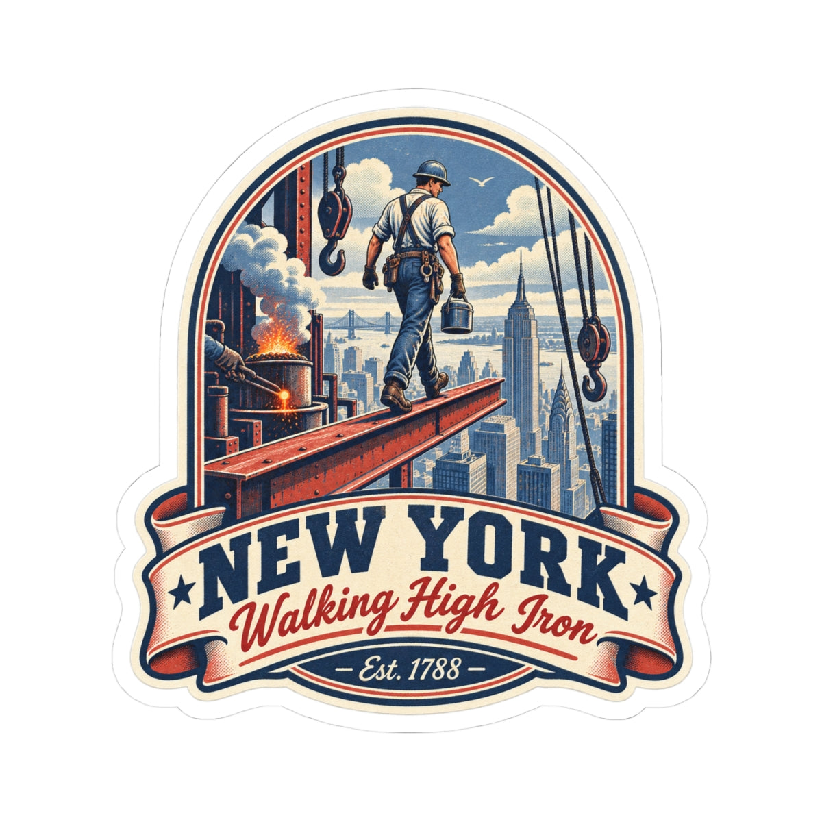 Round New York decal featuring rooftop worker, city skyline, and “Walking High Iron” banner
