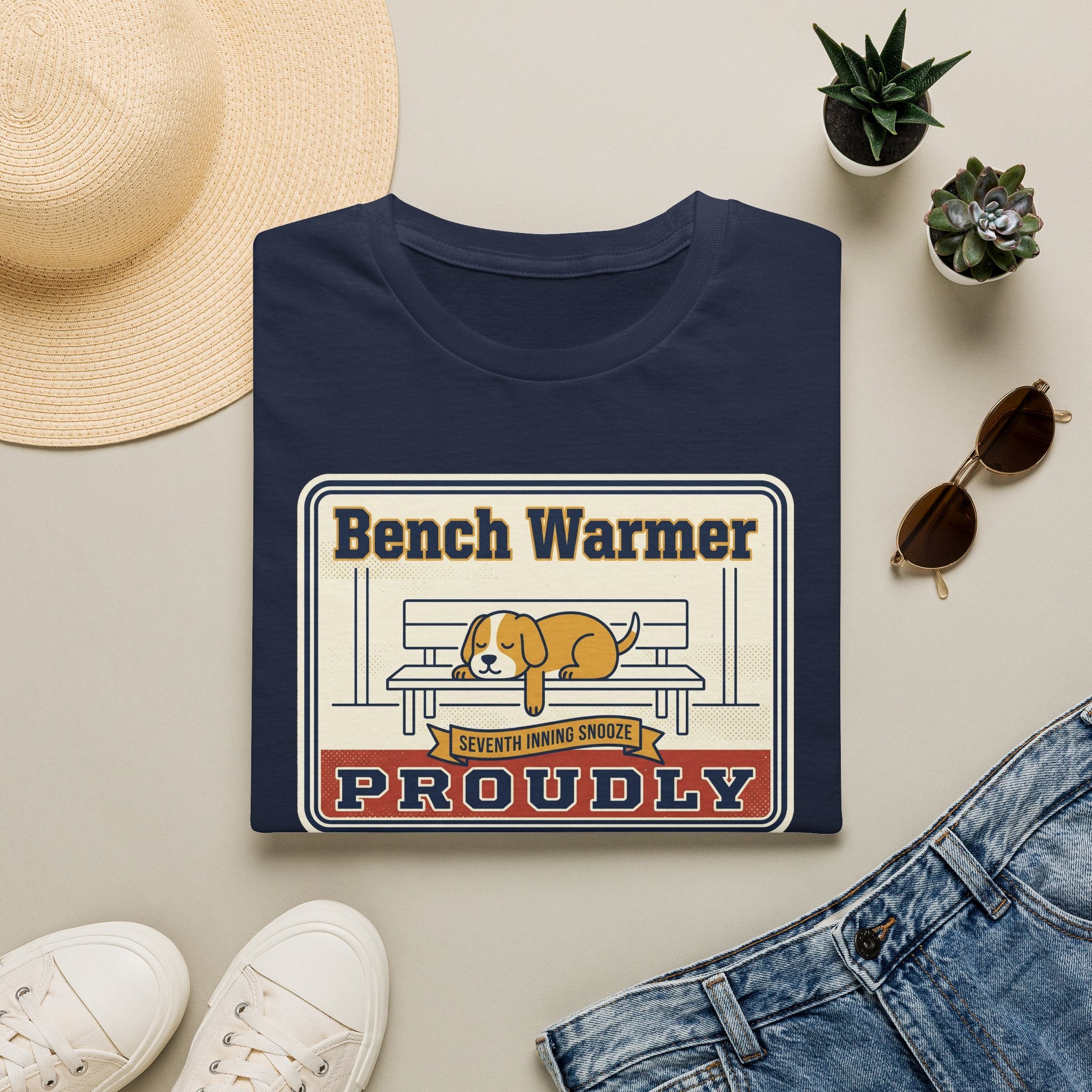 Navy crew-neck t-shirt with 'Bench Warmer Proudly' dog logo