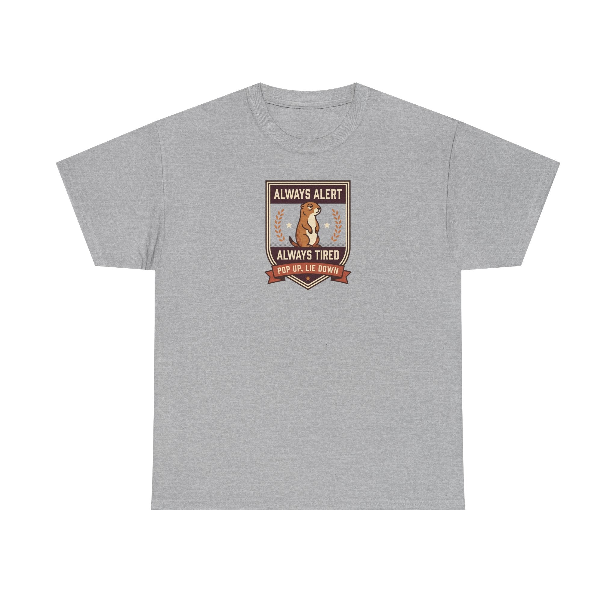 Gray badge graphic T-shirt with “Always Alert” and “Always Tired” text