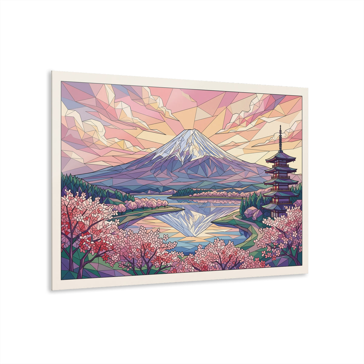 Geometric acrylic wall art of Mount Fuji with cherry blossoms and pagoda in spring