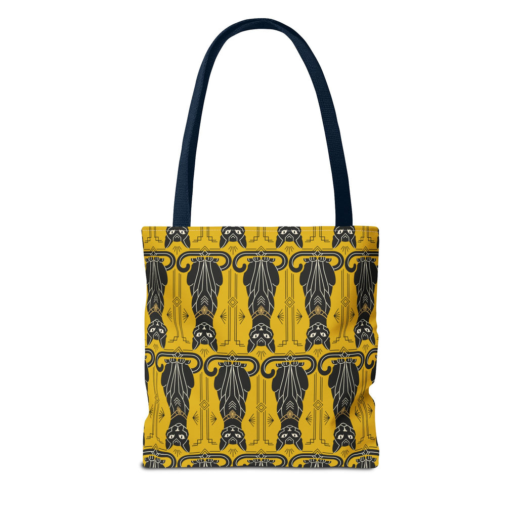 Yellow cat pattern tote bag with navy handles
