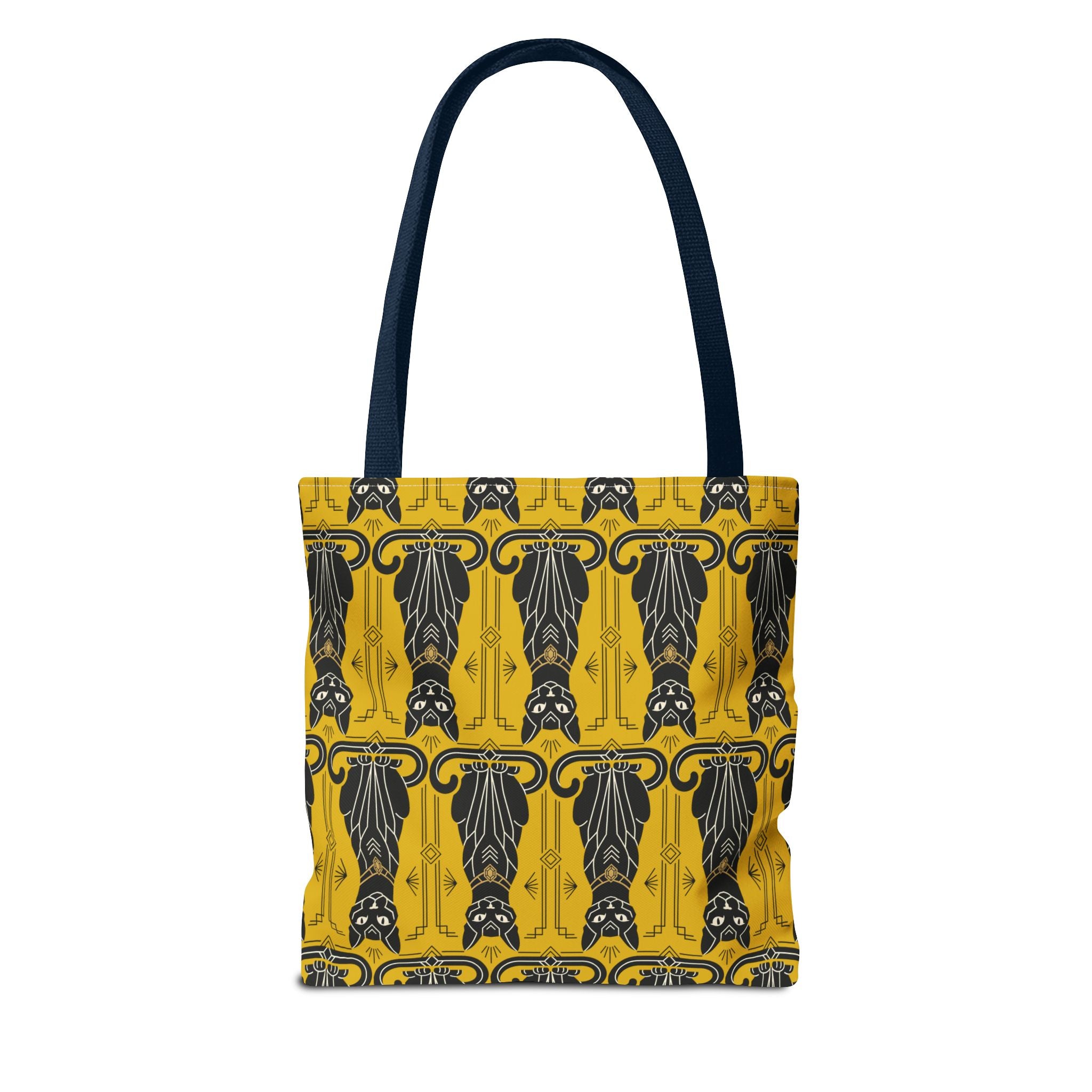 Yellow cat pattern tote bag with navy handles