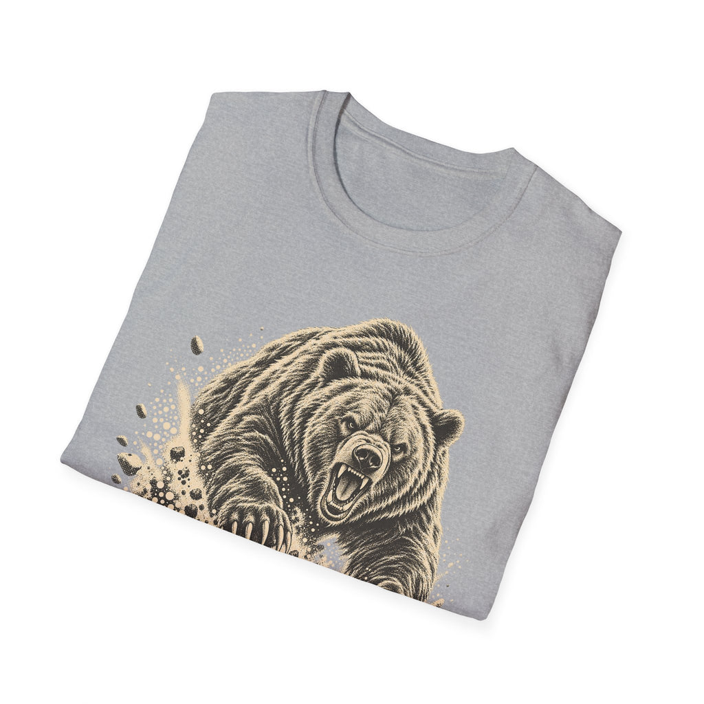 Heather grey T-shirt with bear face graphic in tan and splatter dots