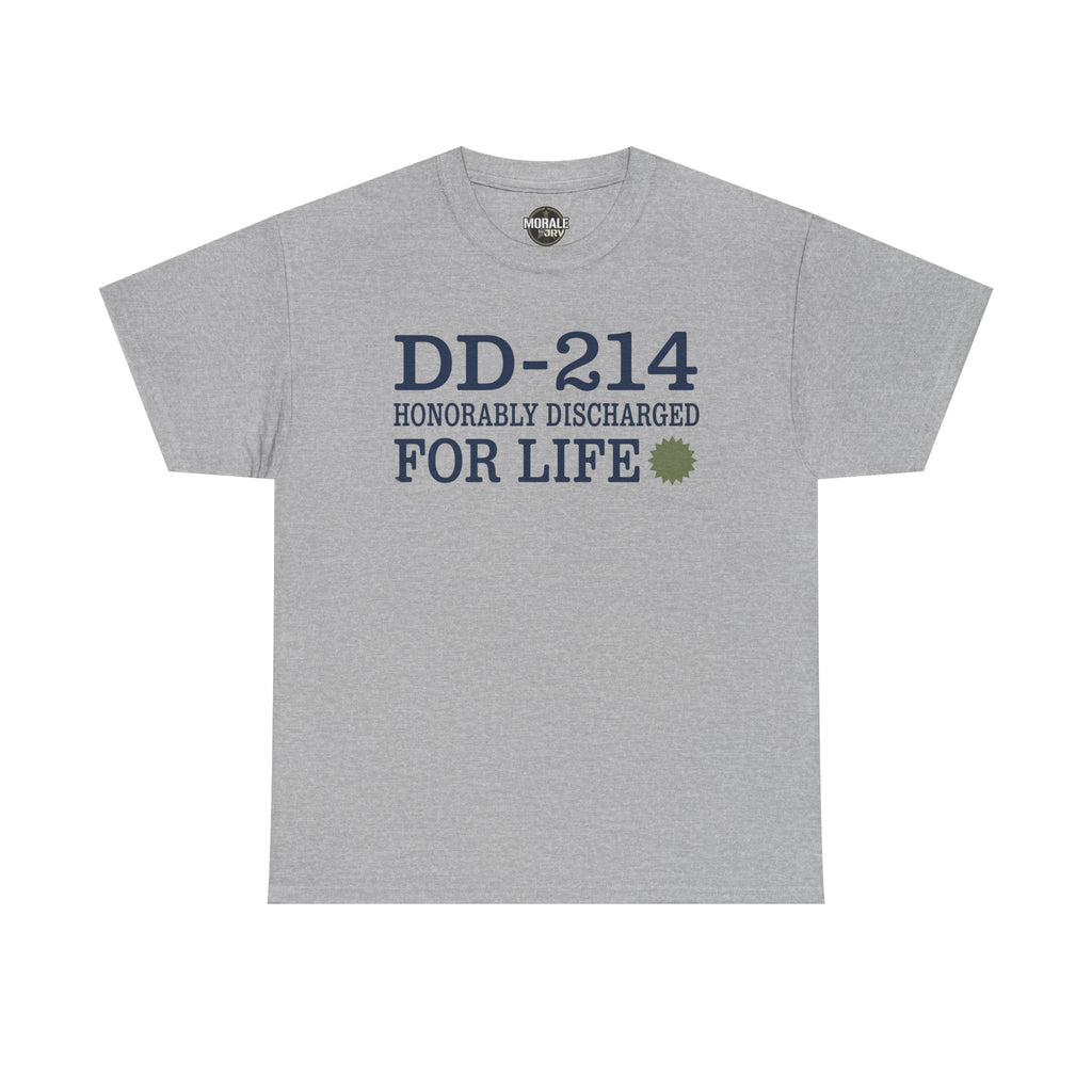Light gray T-shirt with DD-214 Honorable Discharged For Life front print