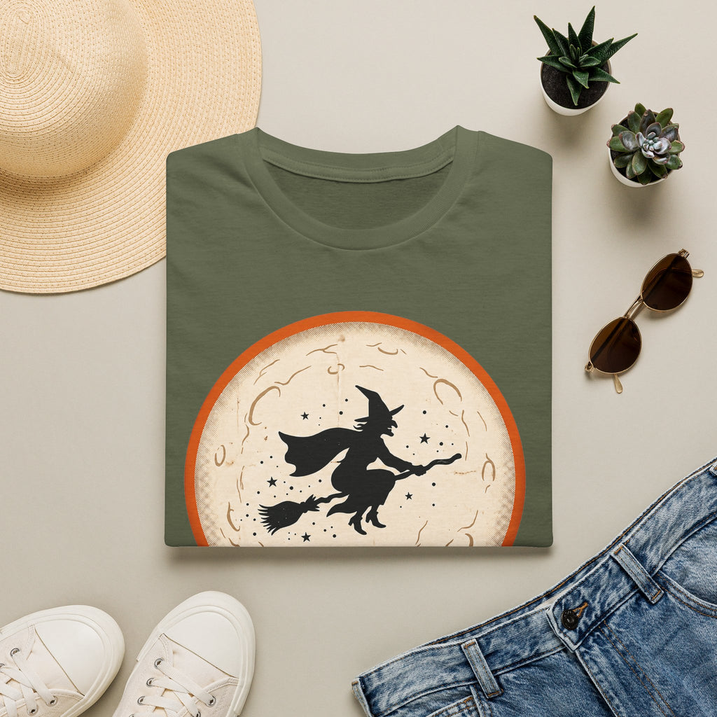 Witch silhouette T-shirt in military green with flying witch in moon graphic