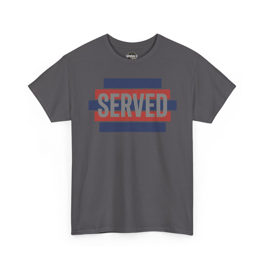 Charcoal T-shirt with 'SERVED' graphic in blue, red, and white stripes.