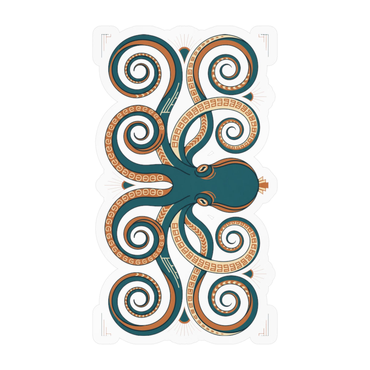 Ornate octopus vinyl decal with teal body and orange swirled tentacles