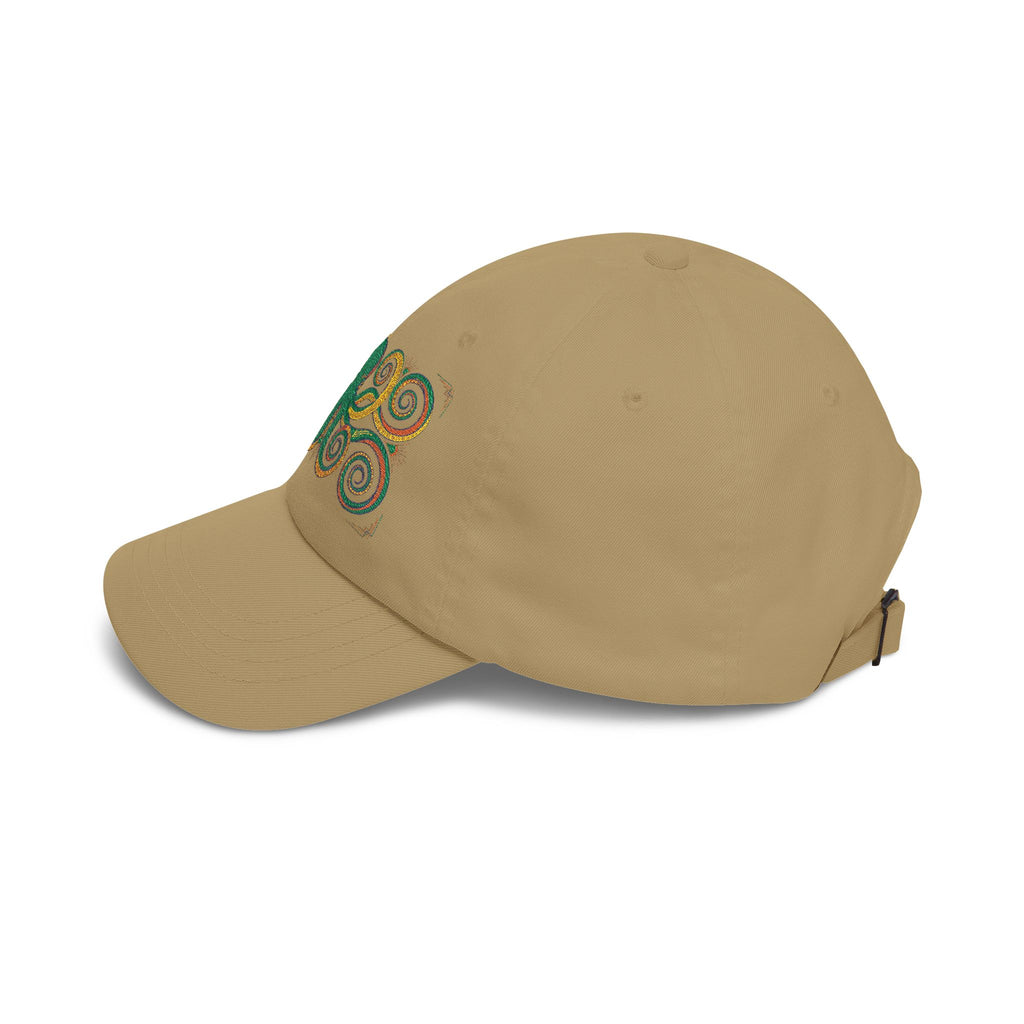 Khaki dad cap with green-and-gold embroidered swirl on side panels