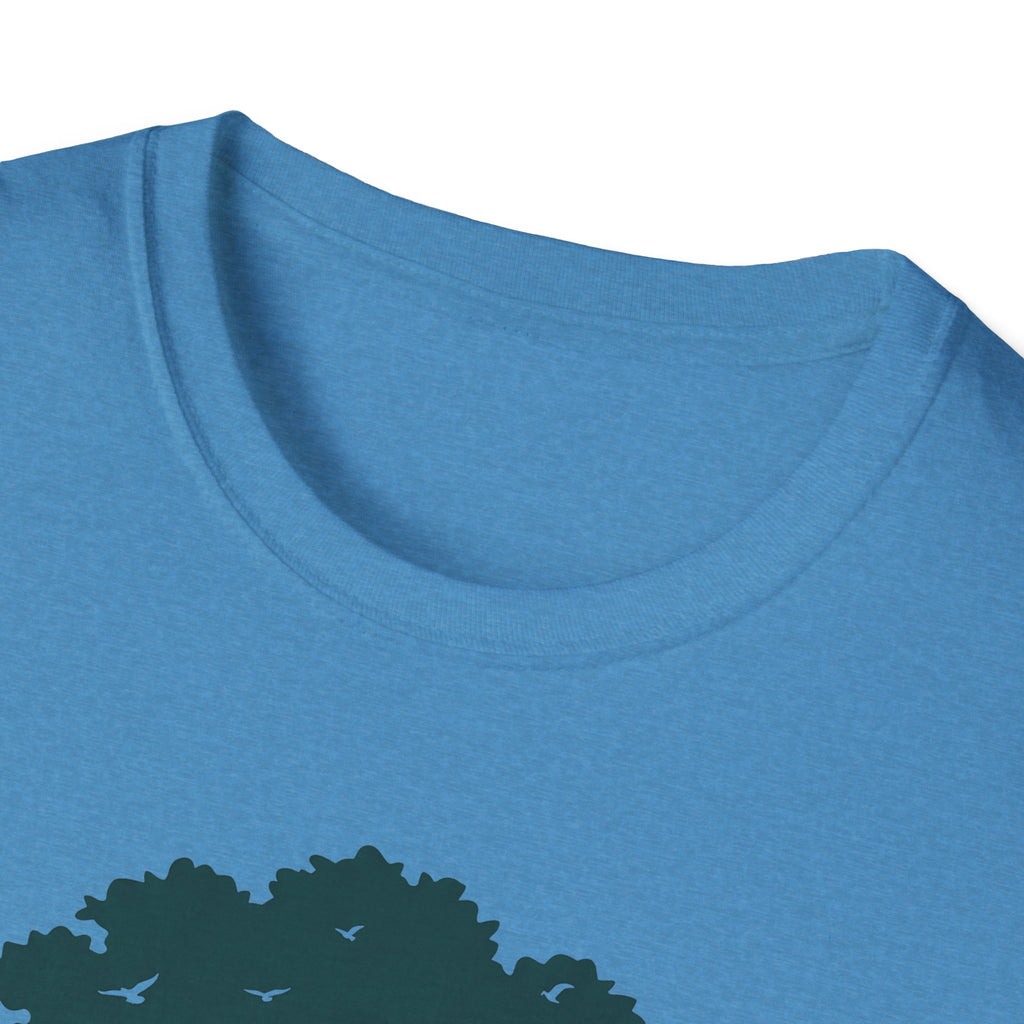 Teal T-shirt close-up of crew neck and top area of tree graphic
