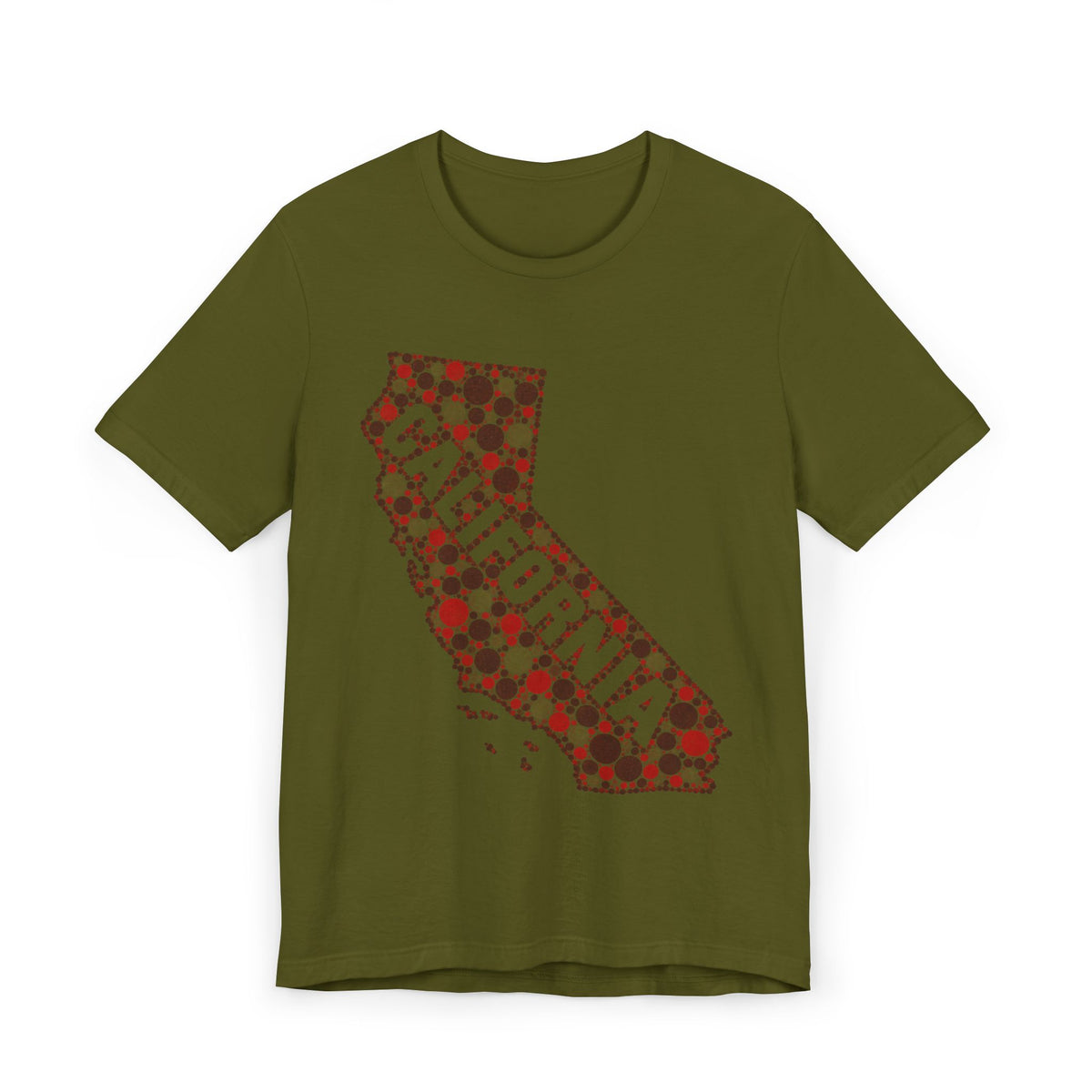 Olive green T-shirt with California map outline graphic in red and dotted pattern