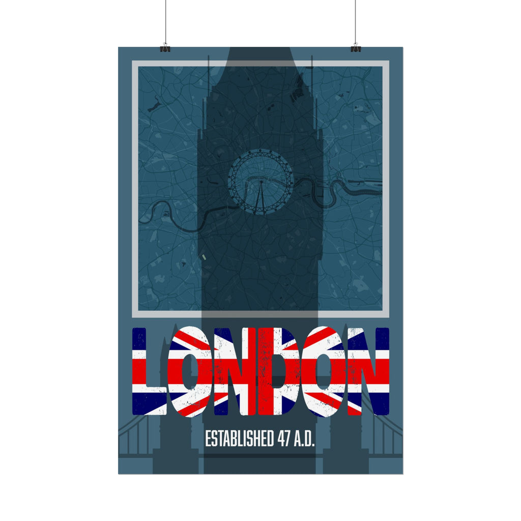London Shadow Art Poster mit Rahmenoptik: LONDON in Union-Jack, unten „ESTABLISHED 47 A.D.“