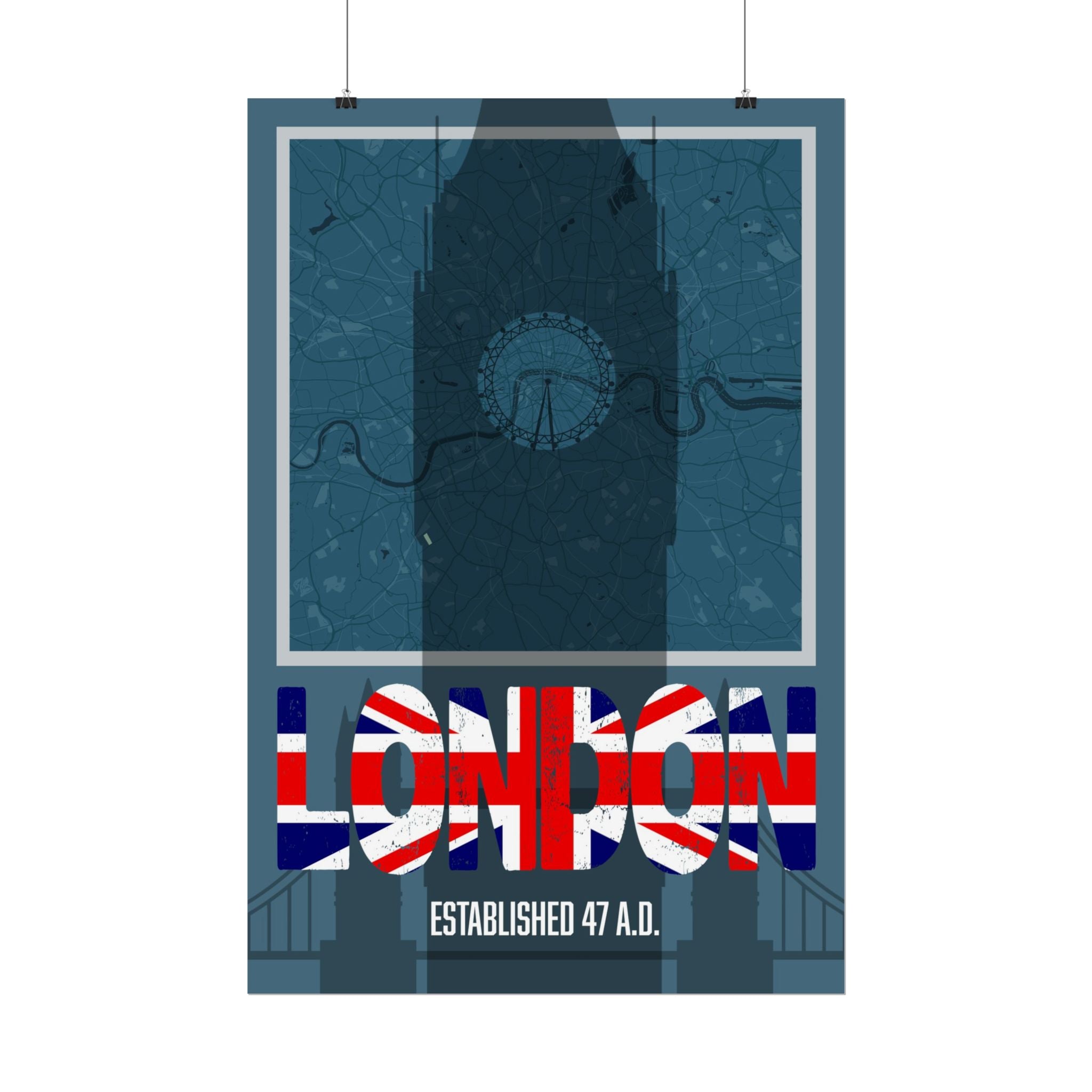 London Shadow Art Poster mit Rahmenoptik: LONDON in Union-Jack, unten „ESTABLISHED 47 A.D.“