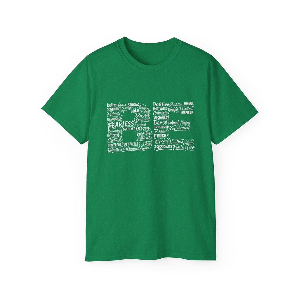 Life word cloud T-shirt in Antique Irish Green with motivational typography graphic
