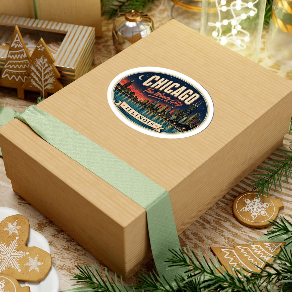 Round Chicago Illinois luggage tag sticker on gift box lid, Windy City skyline with Chicago