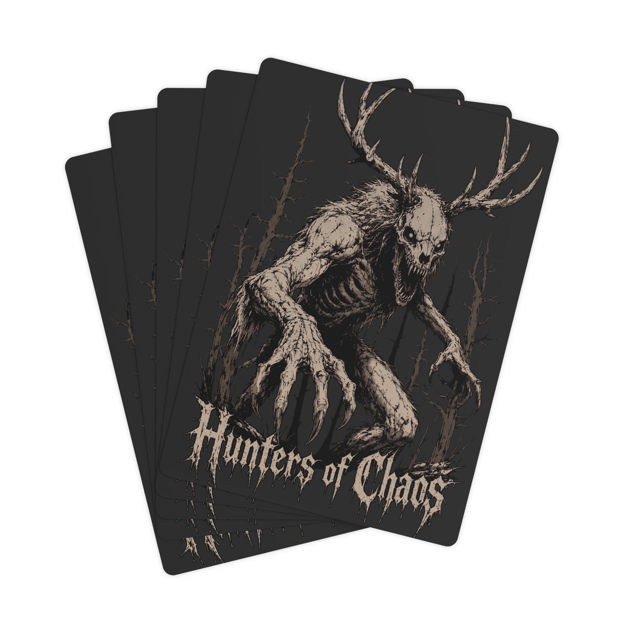Hunters of Chaos poker cards showing multiple antlered skull card backs