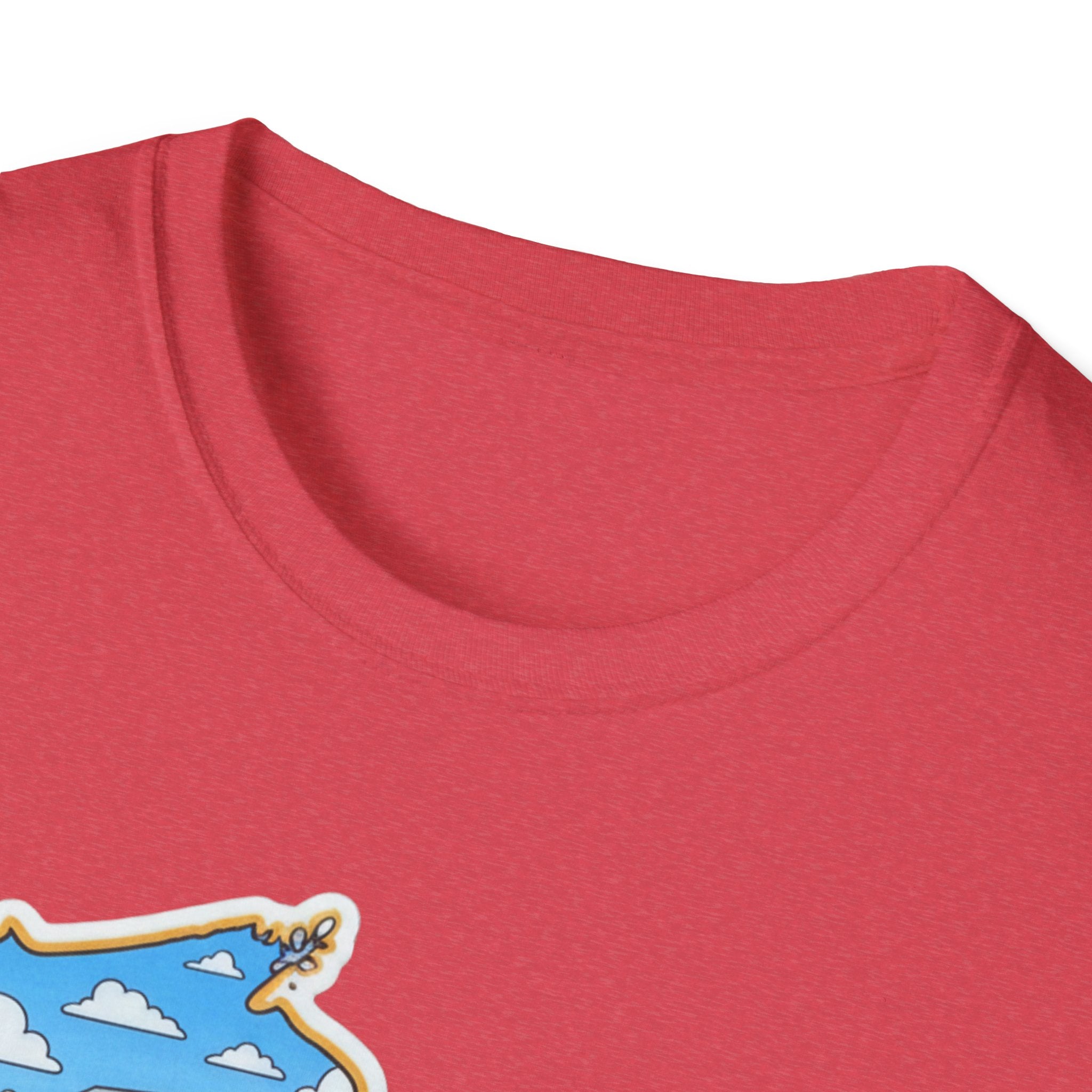 I Am Wisconsin map T-shirt in red, close-up of crew neck and shirt fabric