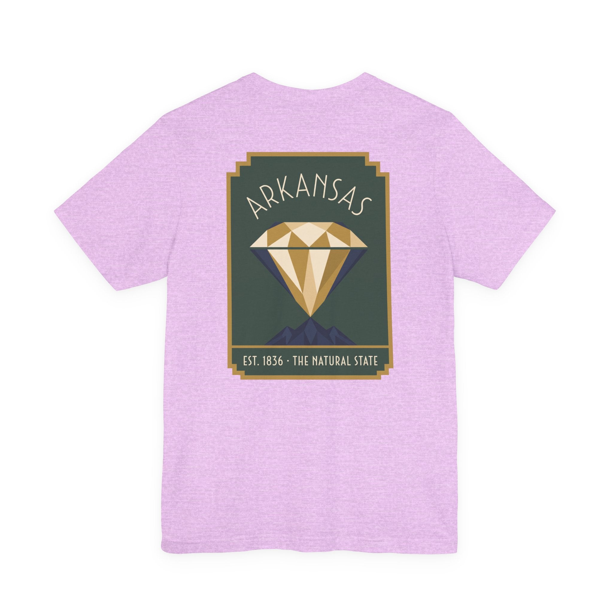 Heather prism lilac T-shirt with Arkansas diamond art deco graphic, Est. 1836