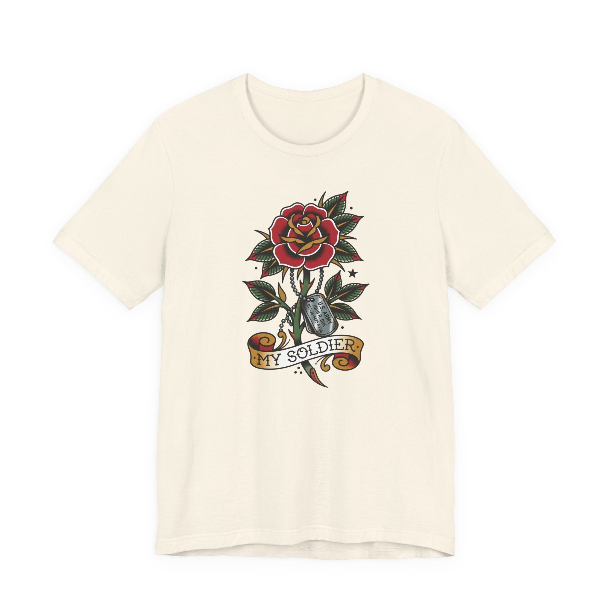 Cream crewneck t-shirt with rose and dog tag graphic, My Soldier emblem.
