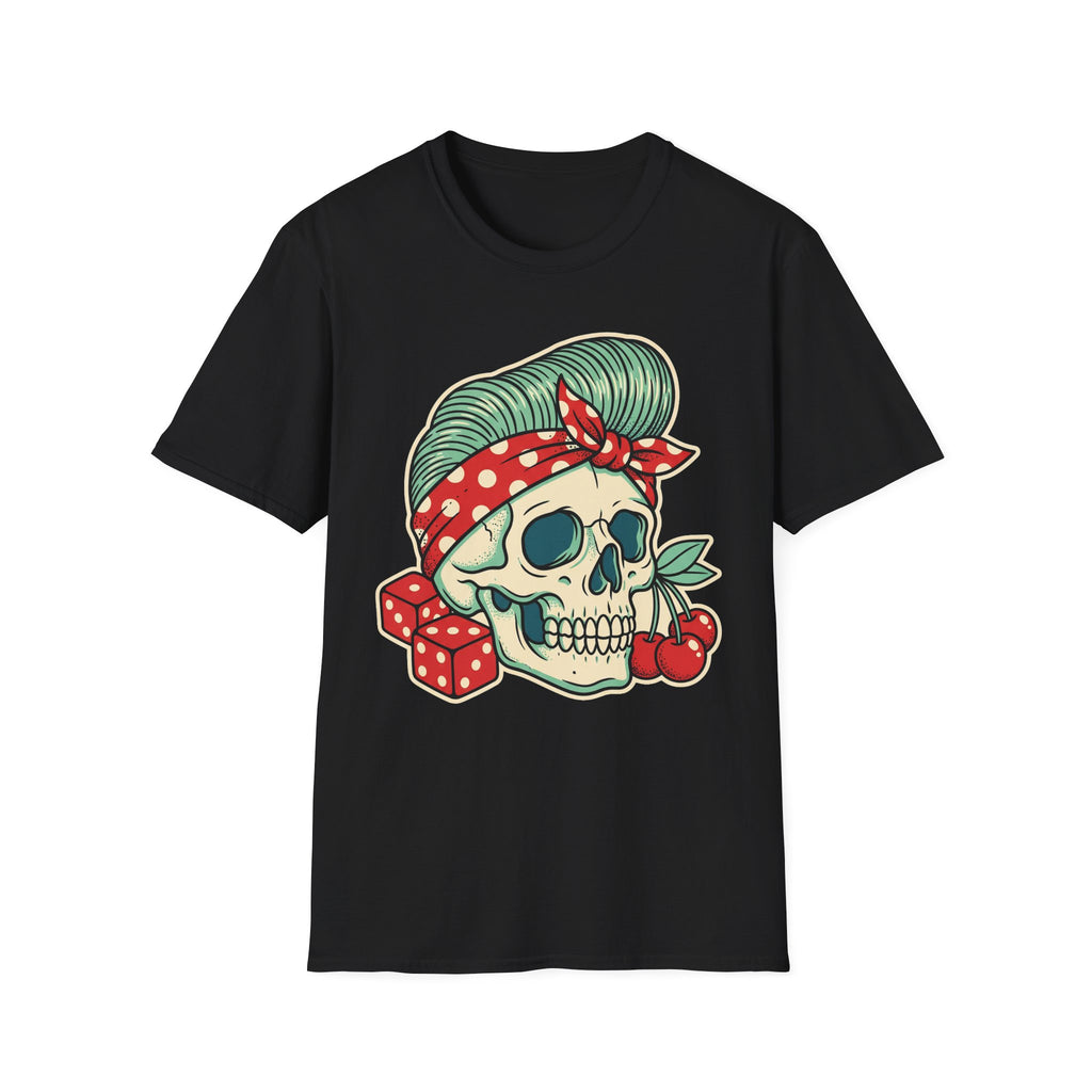 Black rockabilly T-shirt with sugar skull print, green hair, red bandana, and cherry details