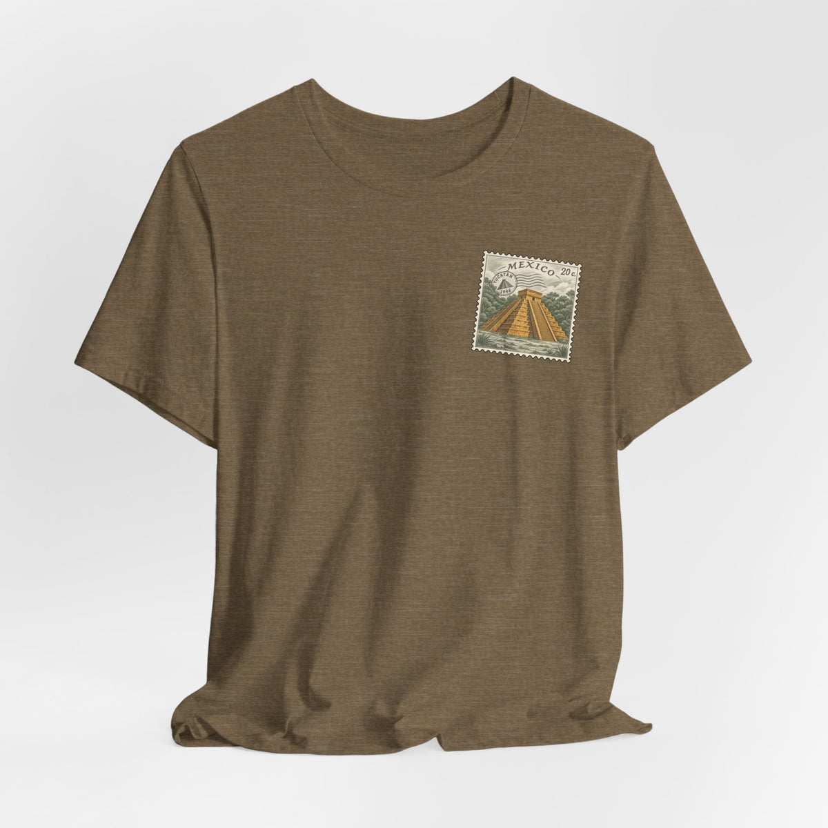 Travel t-shirt, dark brown, front Mexico stamp with pyramid building graphic