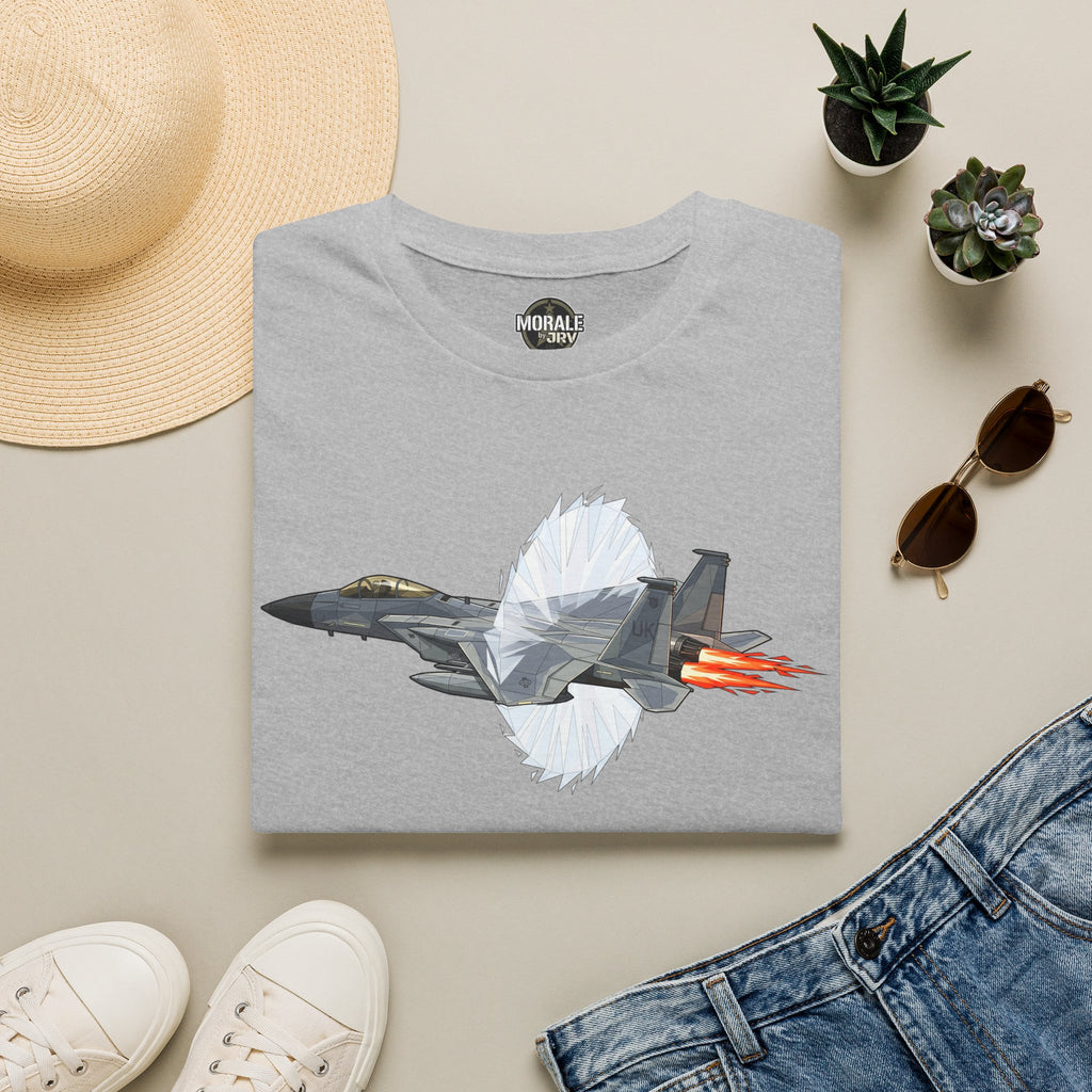 Light gray t-shirt with fighter jet graphic and orange afterburner flame