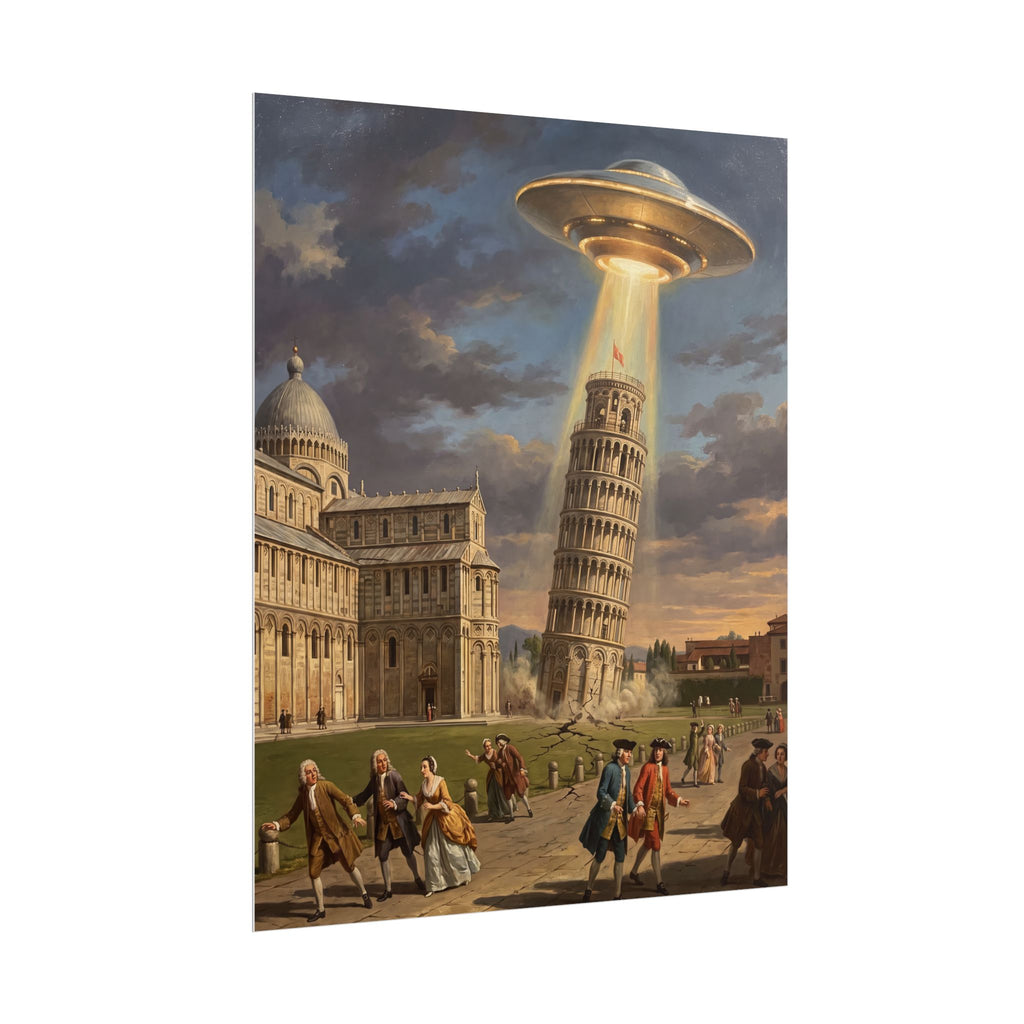 Poster print with glowing UFO beam over Leaning Tower and vintage crowd walking