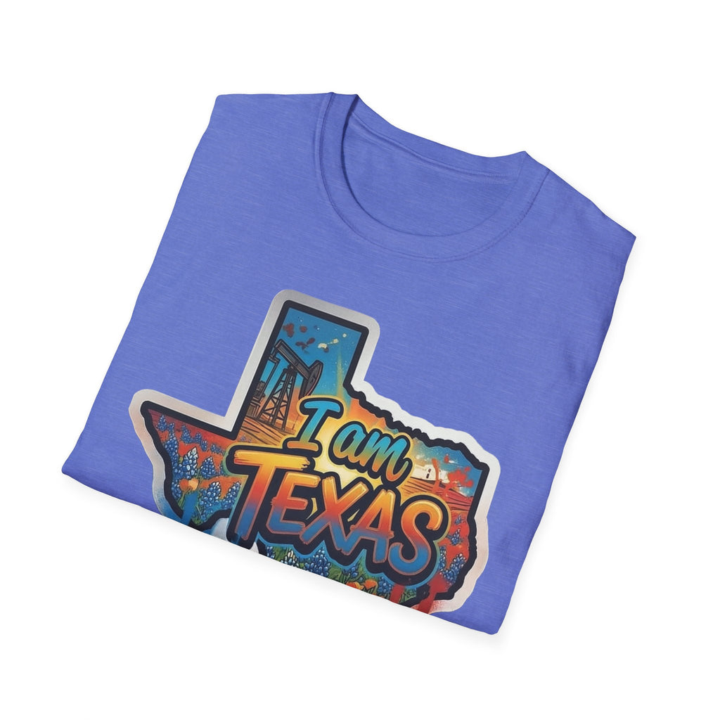 Texas T-Shirt front design: I am Texas graffiti, blue