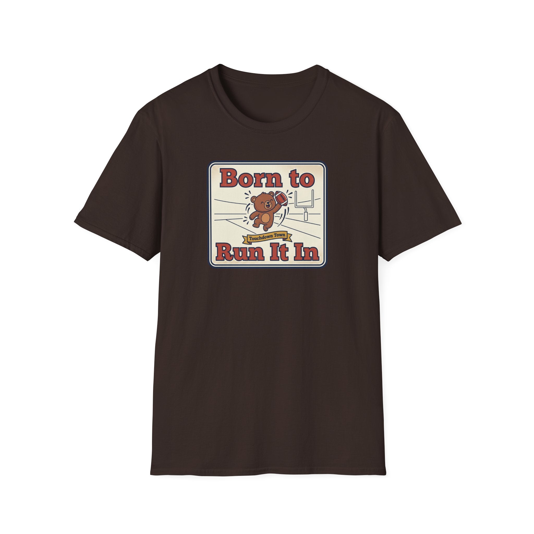 Dark brown T-shirt with 'Born to Run It In' bear running logo print