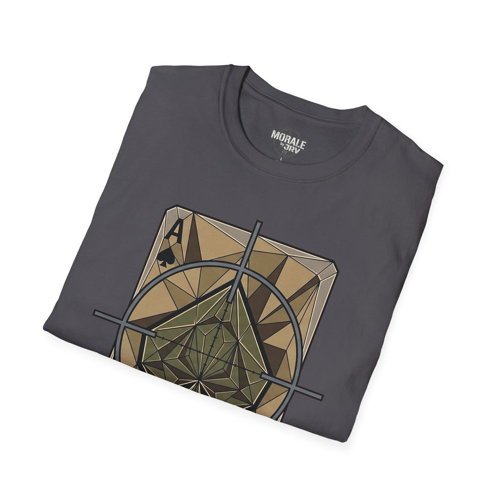 Dark charcoal T-shirt with target crosshair and card spade graphic on front