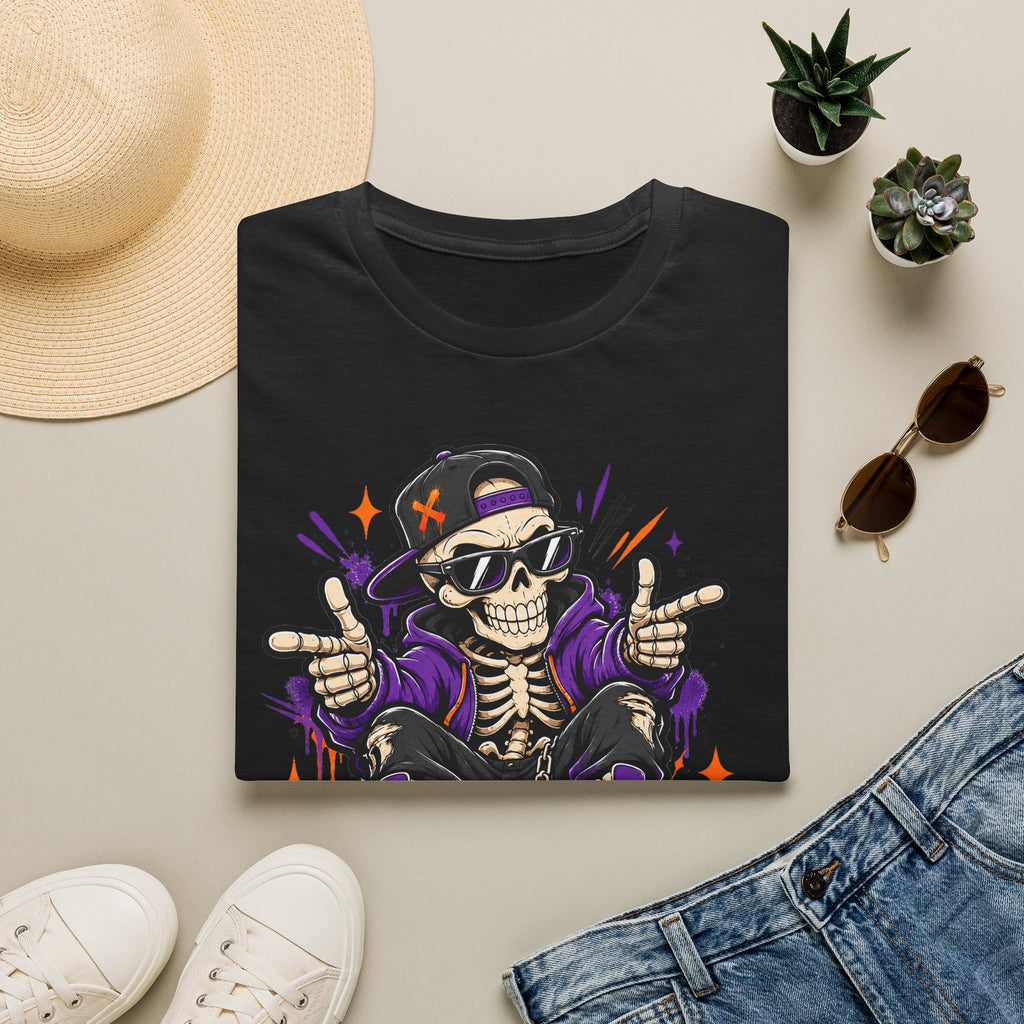 Black Skeleton DJ T-shirt with skull wearing headphones and purple handsign graphic print