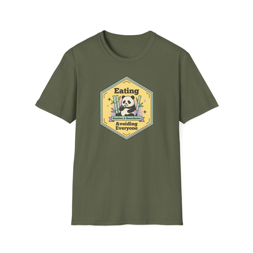 Unisex softstyle T-shirt, military green front with cartoon skull graphic