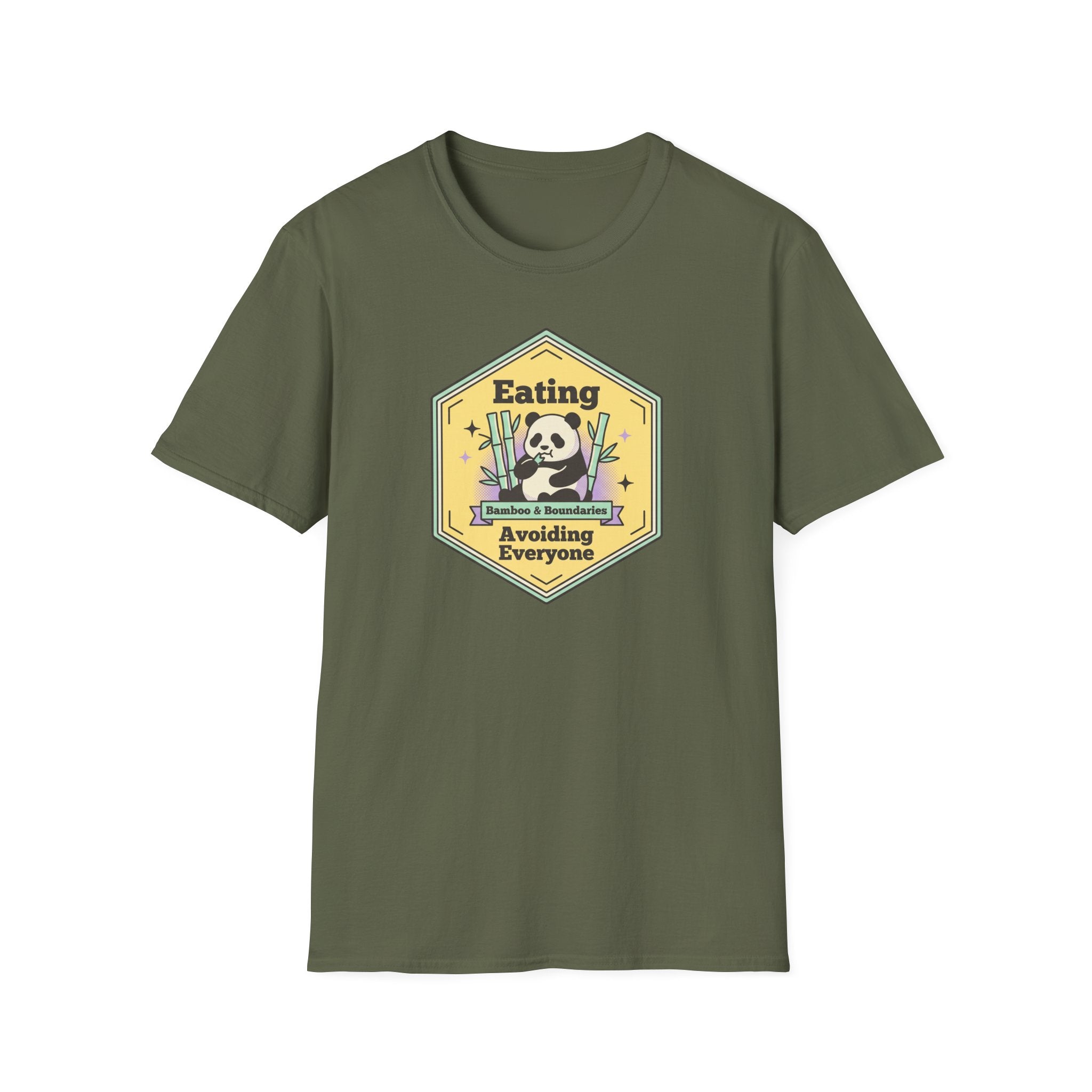 Unisex softstyle T-shirt, military green front with cartoon skull graphic